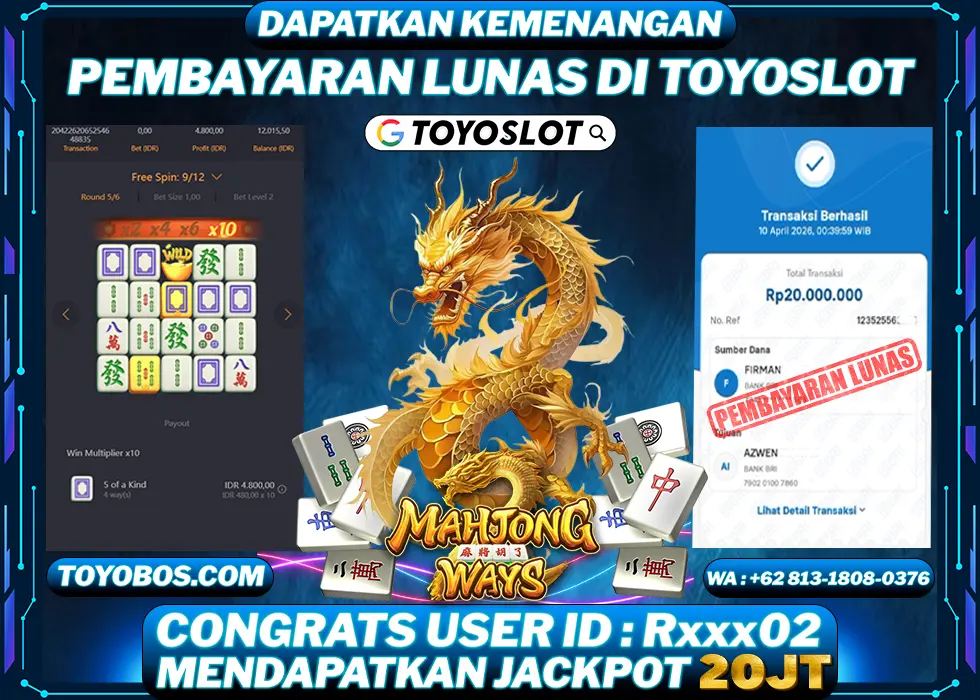 TOYOSLOT - BUKTI KEMENANGAN Mahjong Ways Rp20,000,000,- LUNAS